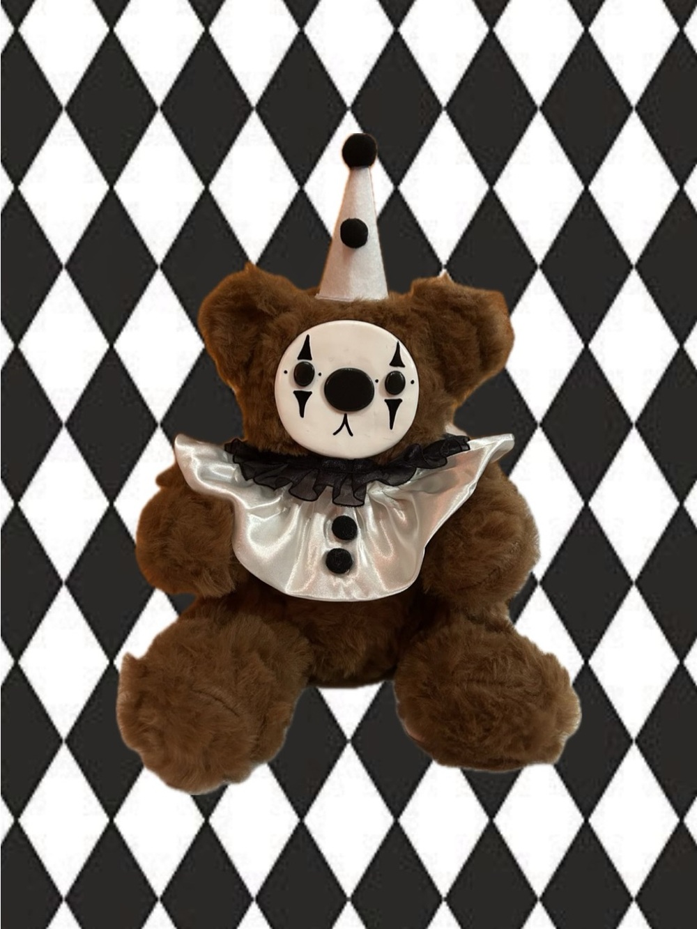 Brown Plush Clown Bear Stuffed Animal with White Satin Collar